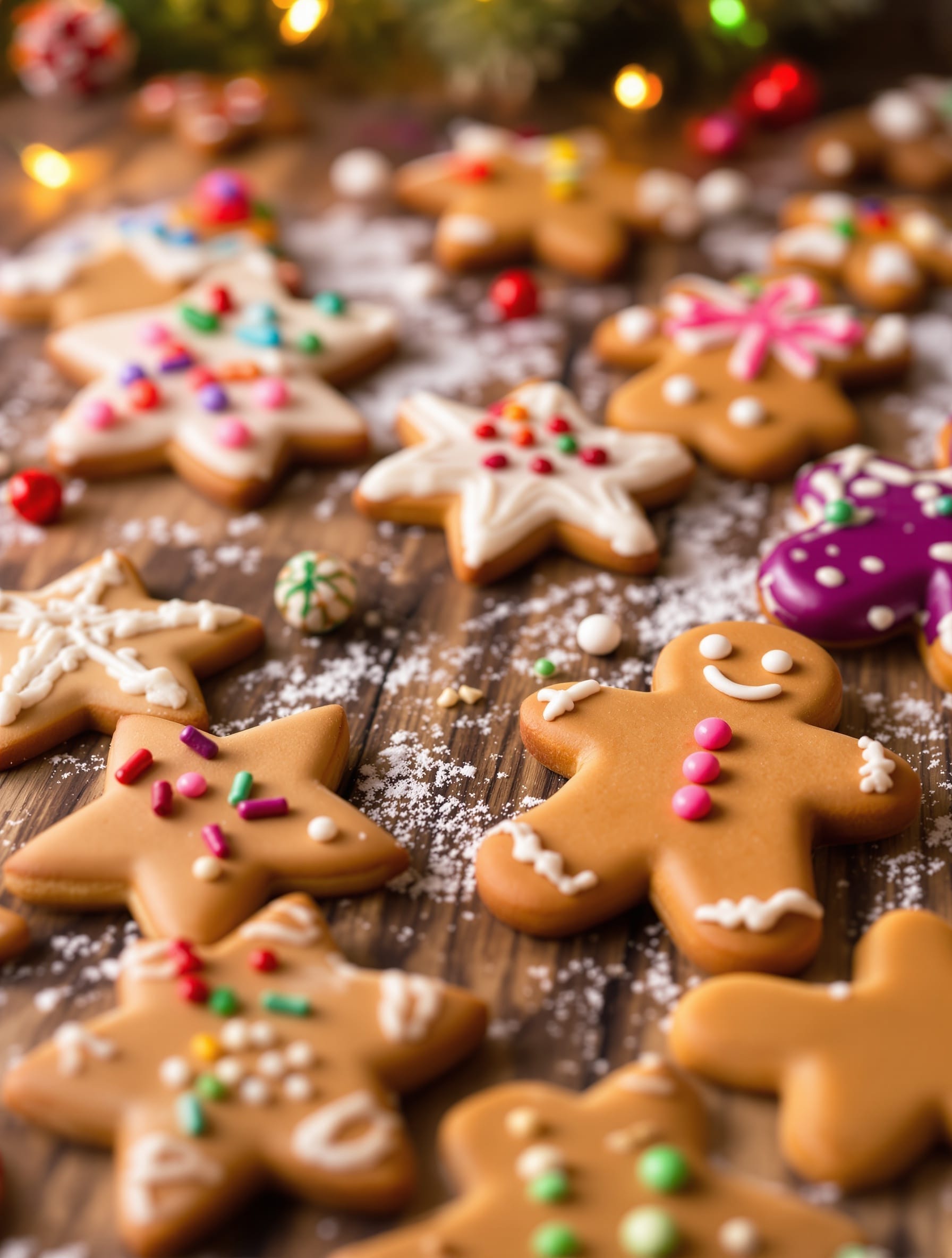 Decorated gingerbread cookies on a wooden surface