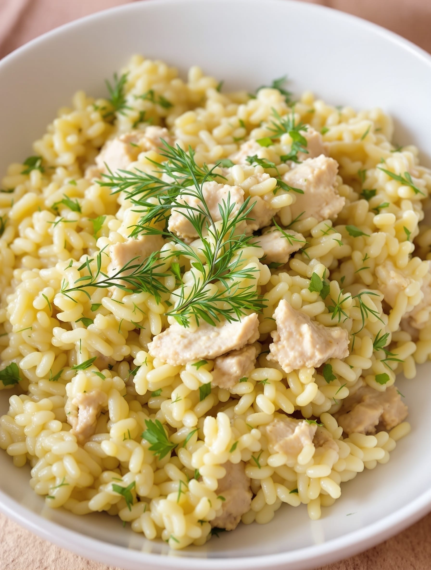 12 Creative Ways to Transform Leftovers into Delicious Pasta, Risotto, and Rice Dishes 11 A bowl of lemon-dill turkey risotto garnished with fresh dill.