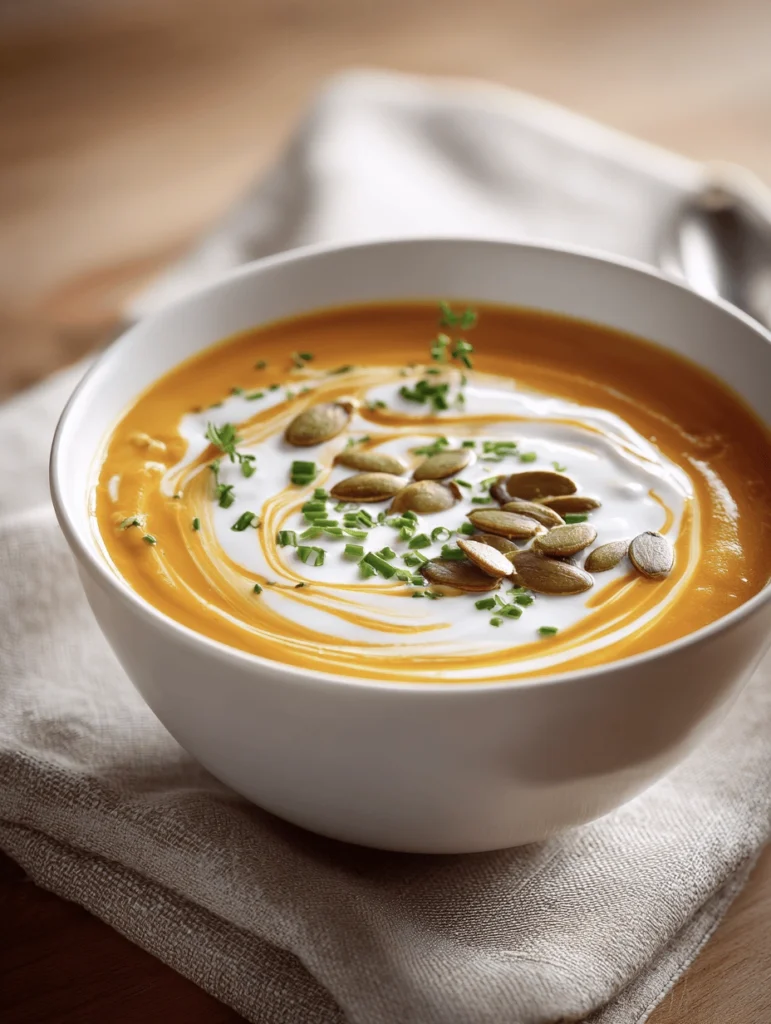 Roasted butternut squash and apple soup in a bowl with crusty bread on the side.