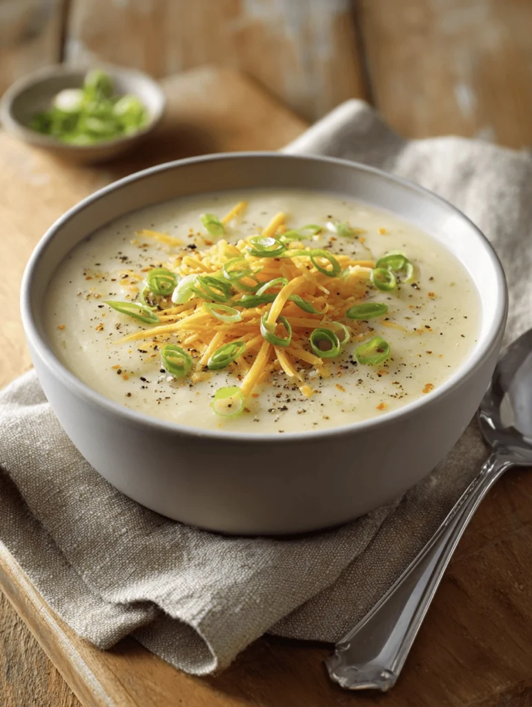 Creamy potato soup made with hash browns and cream cheese, topped with shredded cheese and croutons