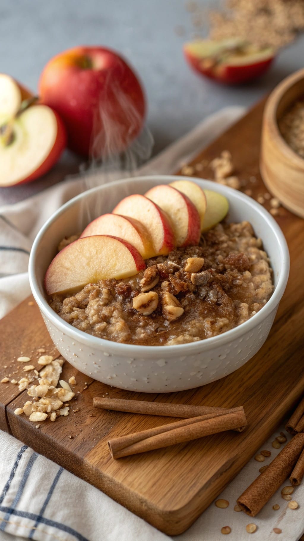 25 Delicious Christmas Breakfast Ideas for a Festive Morning 9 A bowl of apple pie baked oatmeal topped with apple slices and walnuts.