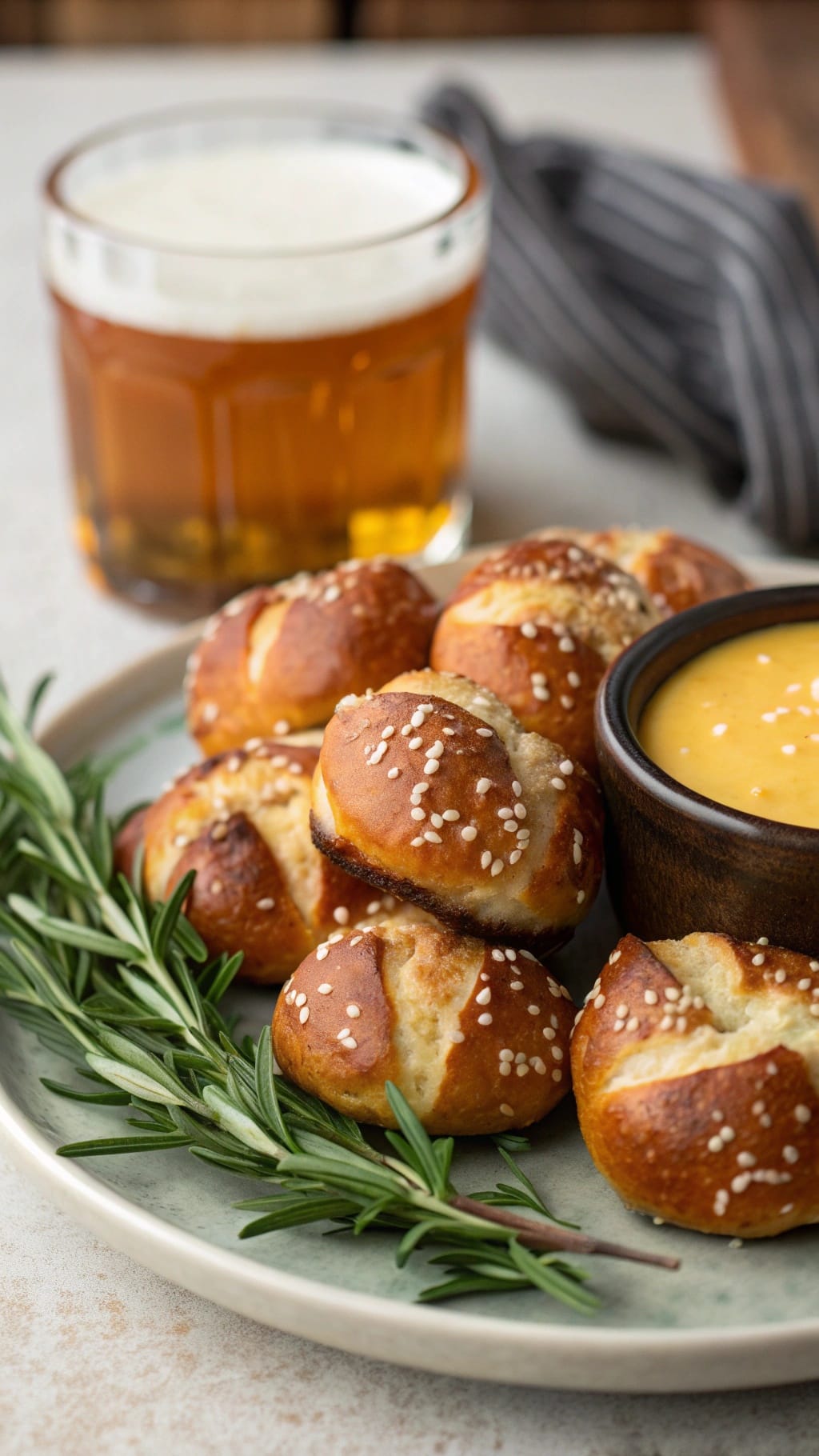 15 Fancy-Looking Christmas Party Foods That Are Secretly Easy 11 Plate of rosemary sea salt pretzel bites with a bowl of beer cheese dip and a glass of beer