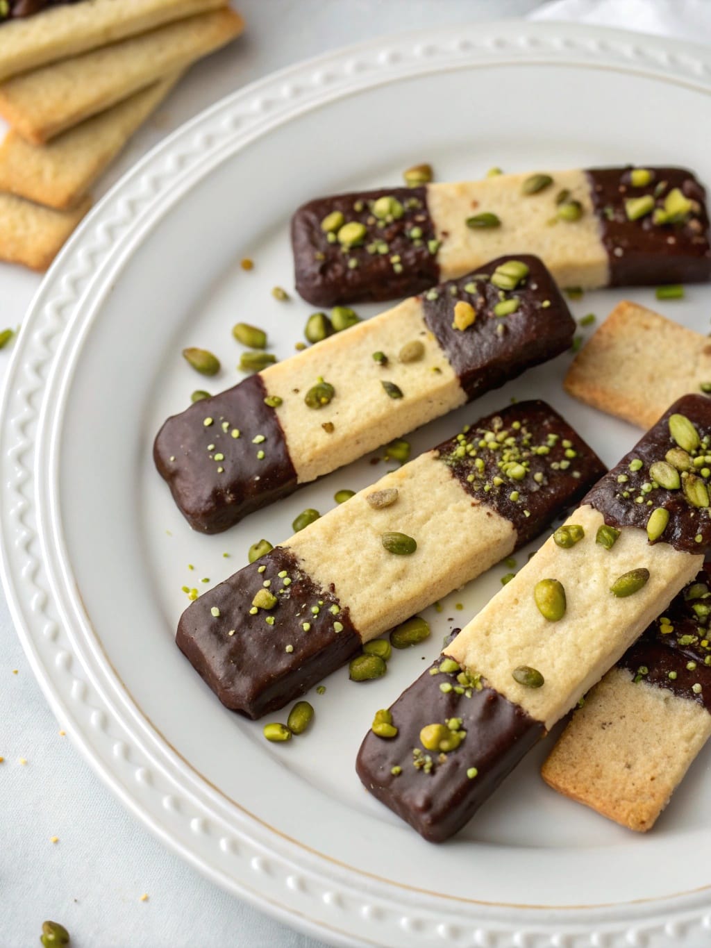 10 Fancy-Looking Desserts That Are Way Easier Than They Look 2 Chocolate Pistachio Shortbread Fingers on a plate