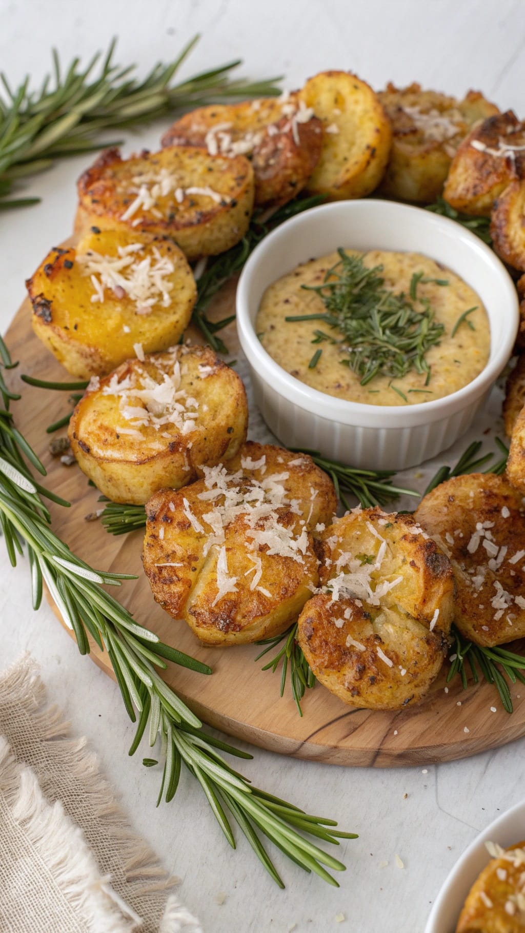15 Fancy-Looking Christmas Party Foods That Are Secretly Easy 4 Crispy Parmesan Potatoes Wreath with rosemary garnish