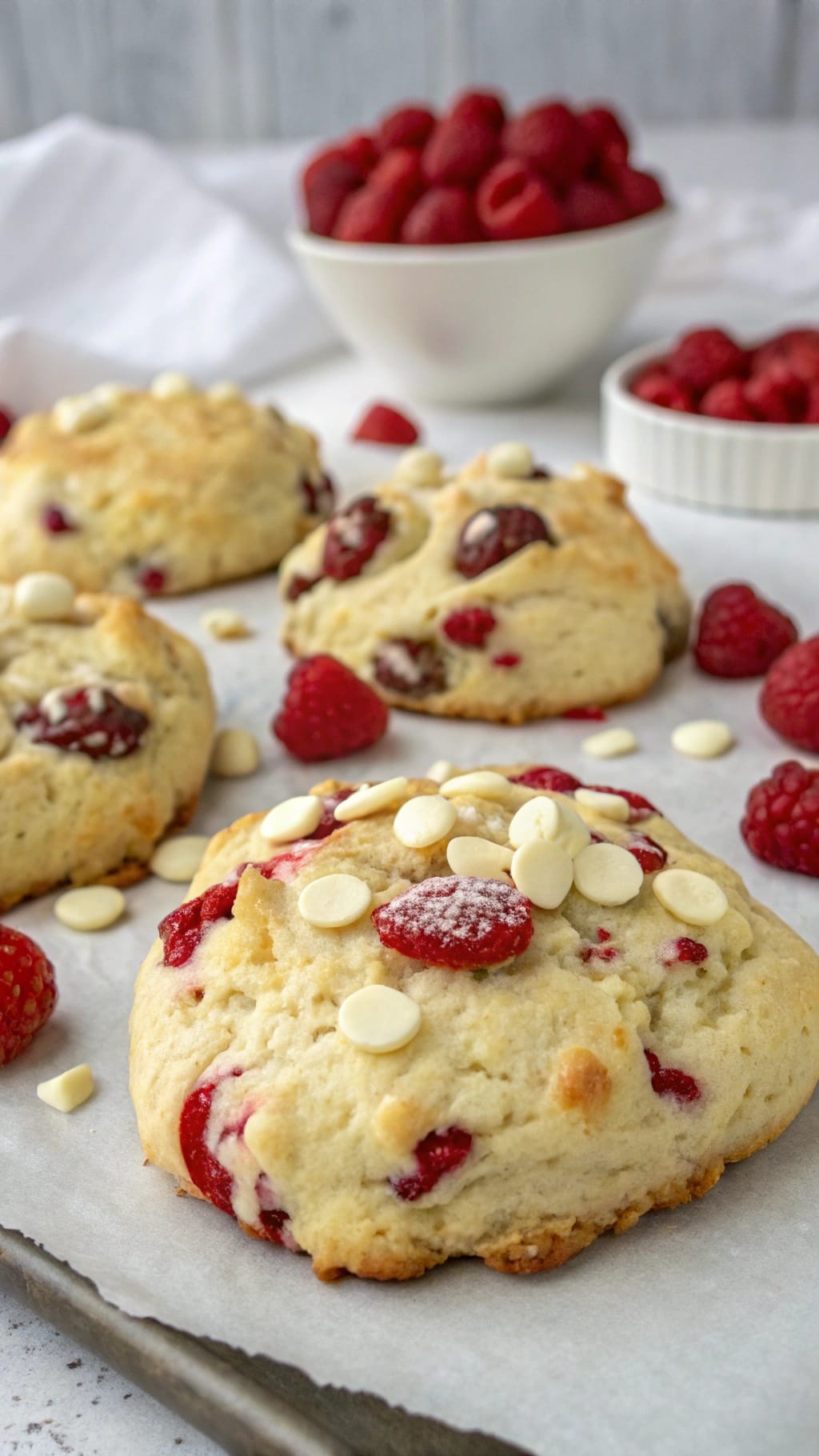 25 Delicious Christmas Breakfast Ideas for a Festive Morning 18 Raspberry white chocolate scones on a baking tray with fresh raspberries in the background.