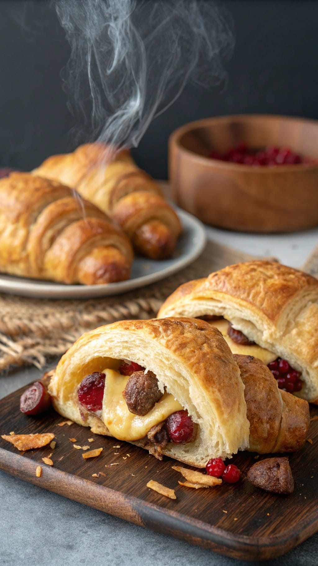 25 Delicious Christmas Breakfast Ideas for a Festive Morning 10 Sausage and cranberry stuffed croissants on a wooden board