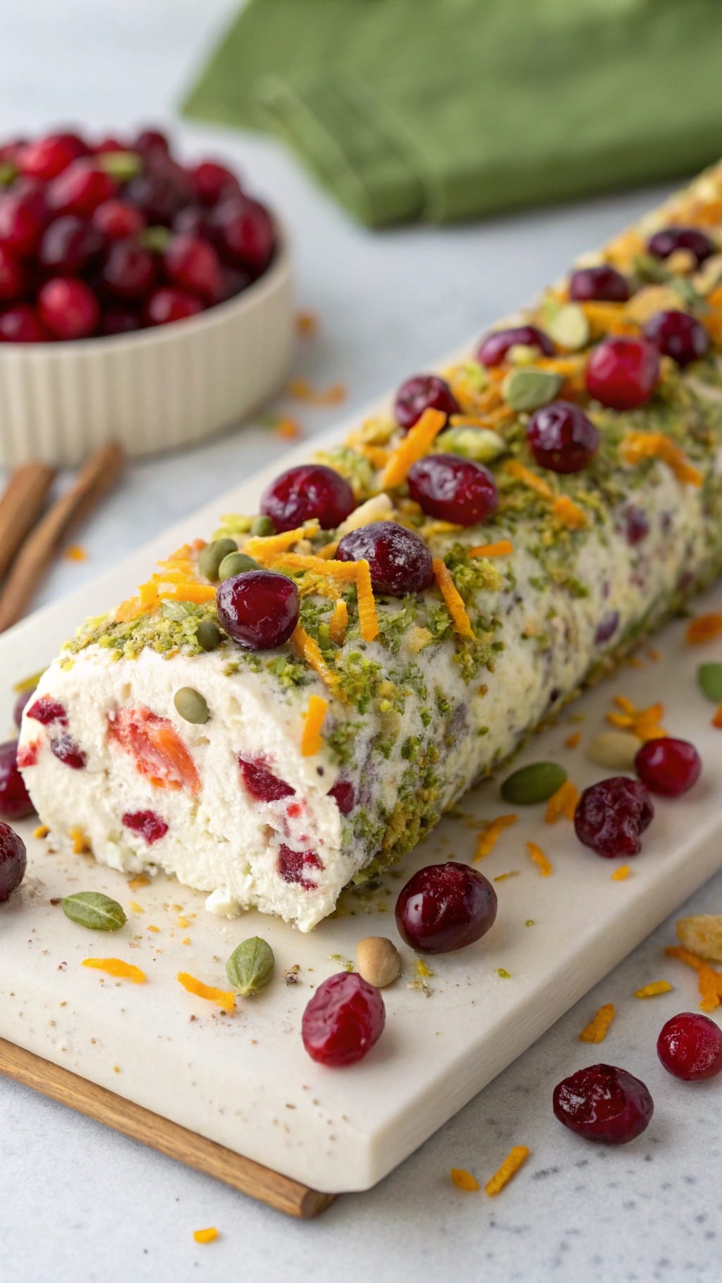 15 Fancy-Looking Christmas Party Foods That Are Secretly Easy 9 A colorful cranberry pistachio goat cheese log garnished with cranberries and pistachios.
