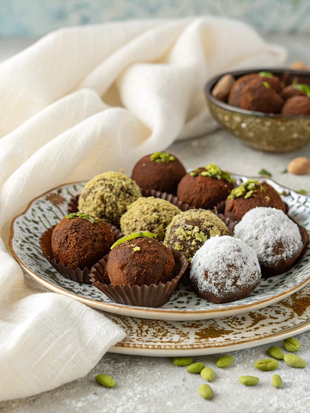 Lazy Girl Chocolate Truffles Recipe An assortment of chocolate truffles coated in cocoa, coconut, and pistachios on a decorative plate.
