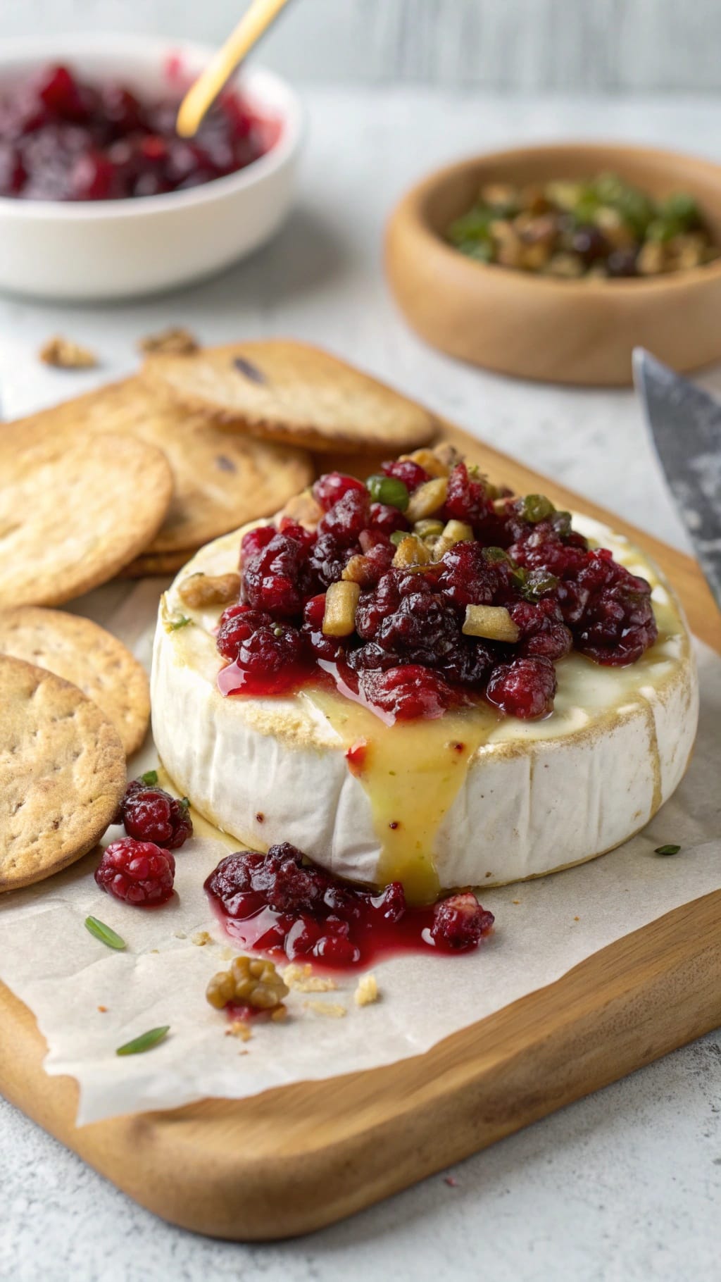 15 Fancy-Looking Christmas Party Foods That Are Secretly Easy 2 Baked brie topped with cranberry jalapeño chutney and served with crackers.