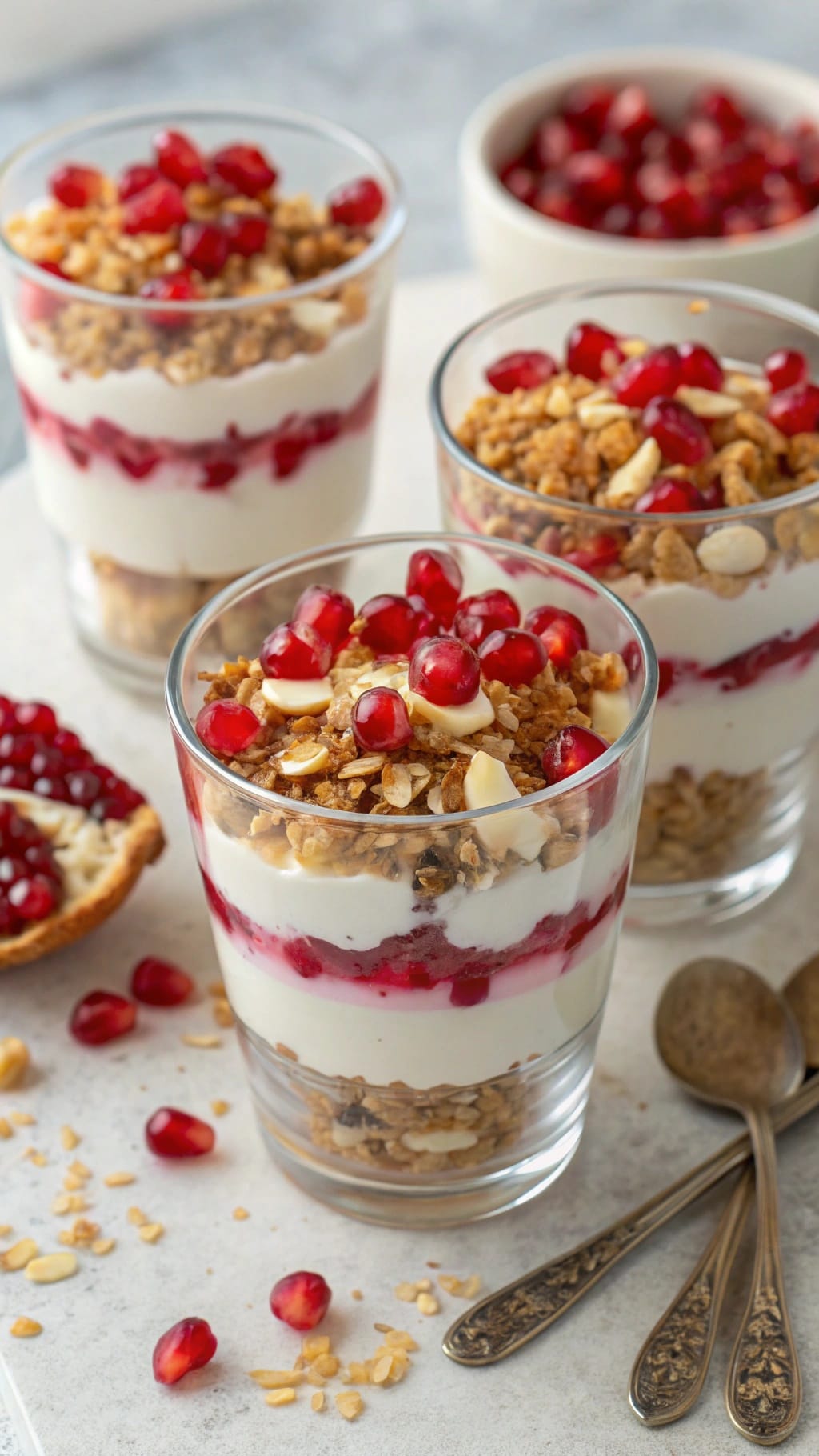 25 Delicious Christmas Breakfast Ideas for a Festive Morning 14 Pomegranate parfaits in glass cups with layers of yogurt, granola, and pomegranate seeds.