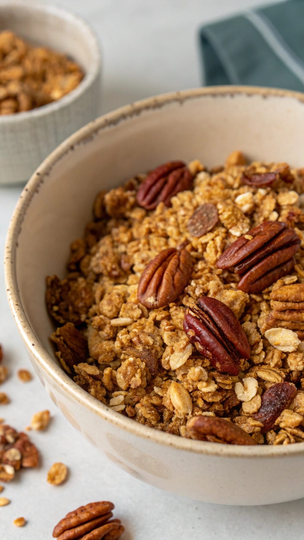 25 Delicious Christmas Breakfast Ideas for a Festive Morning 16 A bowl of maple pecan granola clusters with pecans scattered around.