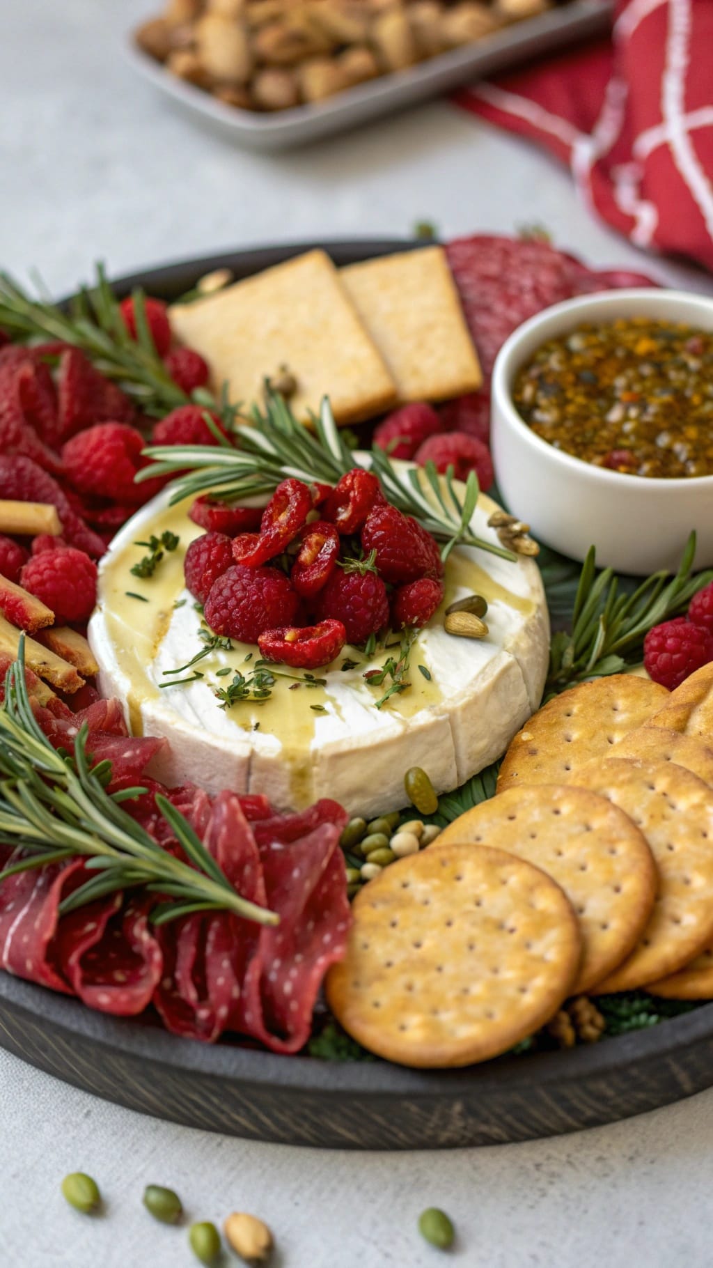 15 Fancy-Looking Christmas Party Foods That Are Secretly Easy 6 A festive charcuterie nacho platter with tortilla chips, cheese, meats, and toppings.