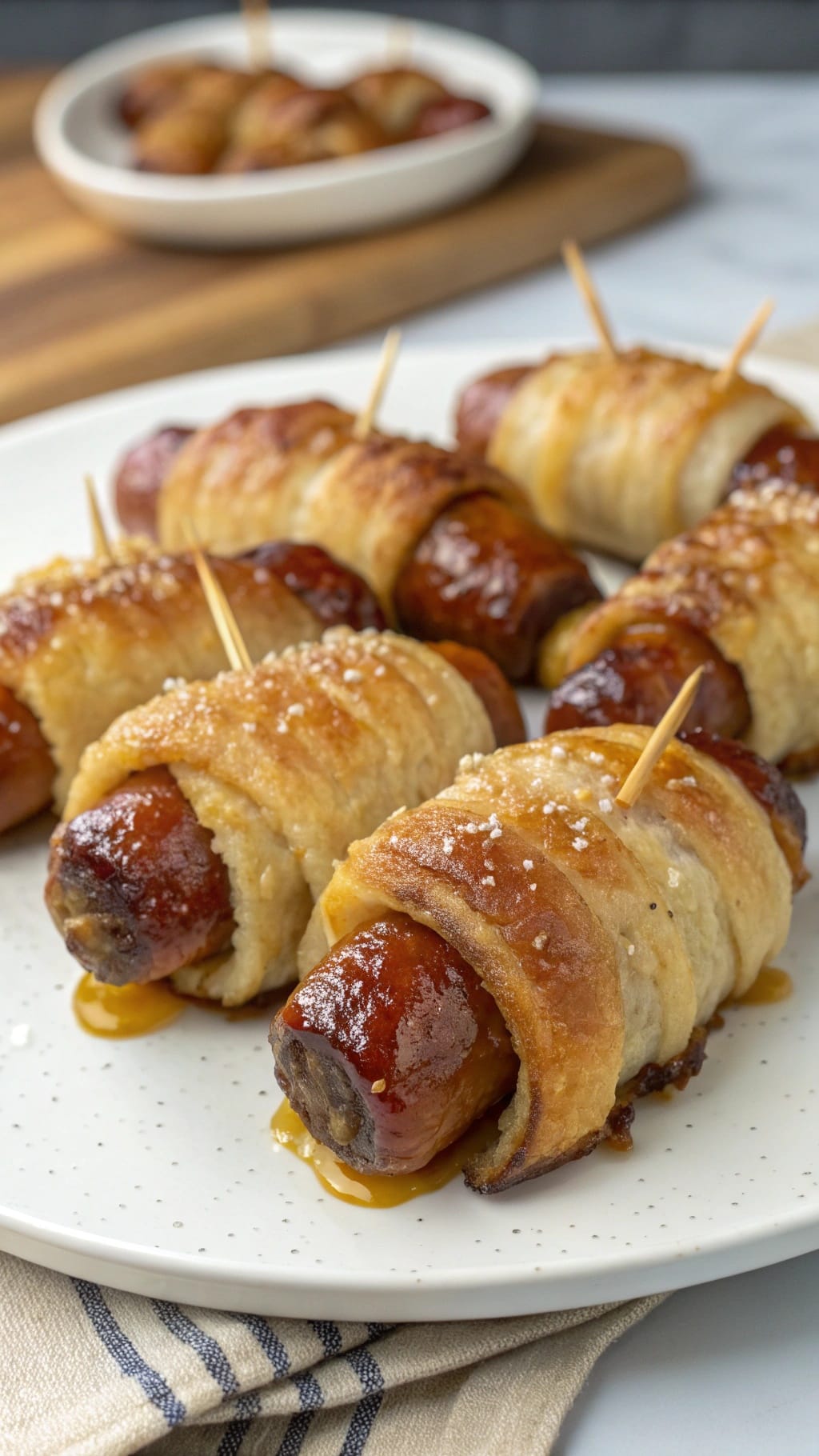 15 Fancy-Looking Christmas Party Foods That Are Secretly Easy 14 A plate of pigs in blankets with a maple-mustard glaze, garnished with salt.