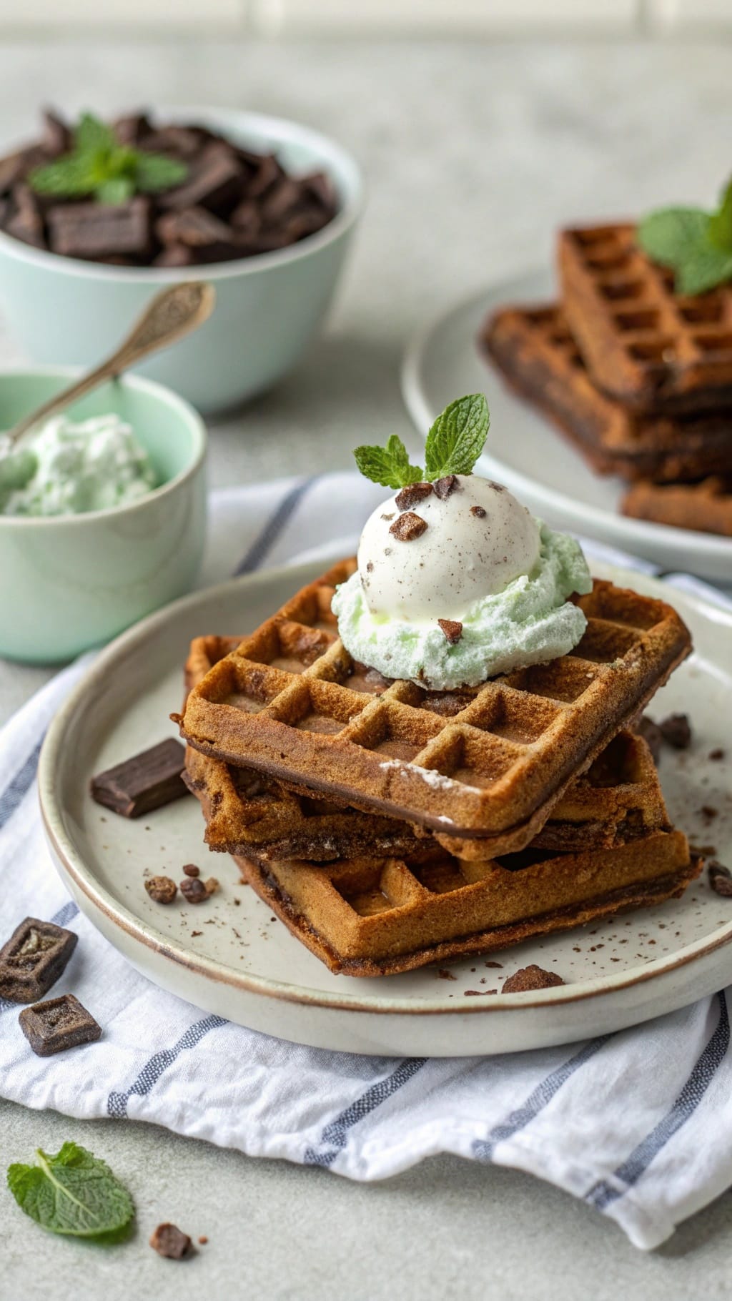 25 Delicious Christmas Breakfast Ideas for a Festive Morning 6 Chocolate peppermint waffles topped with whipped cream and mint leaves