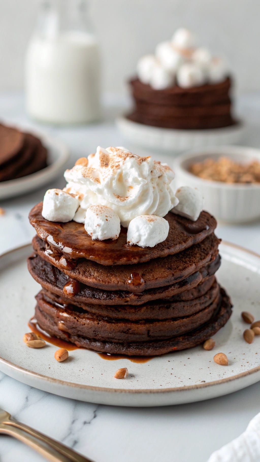 25 Delicious Christmas Breakfast Ideas for a Festive Morning 12 A stack of hot chocolate pancakes topped with whipped cream and mini marshmallows.