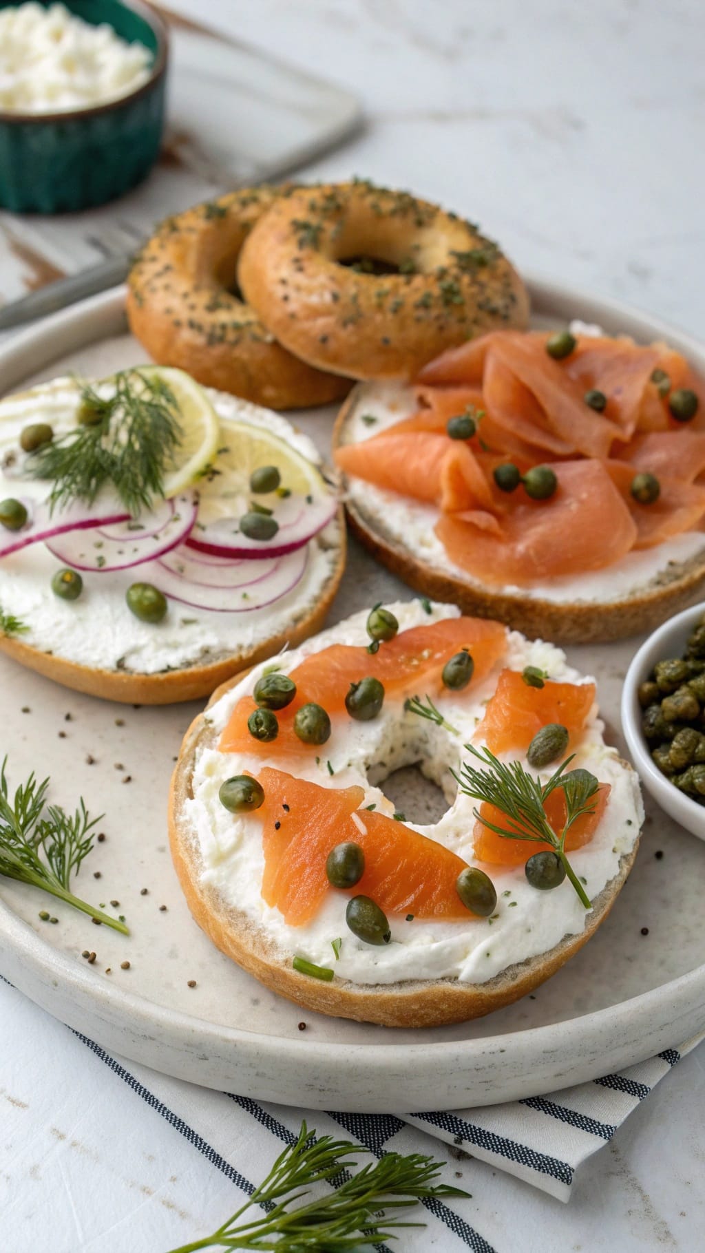 25 Delicious Christmas Breakfast Ideas for a Festive Morning 21 A beautifully arranged smoked salmon bagel board with bagels, cream cheese, smoked salmon, capers, and garnishes.