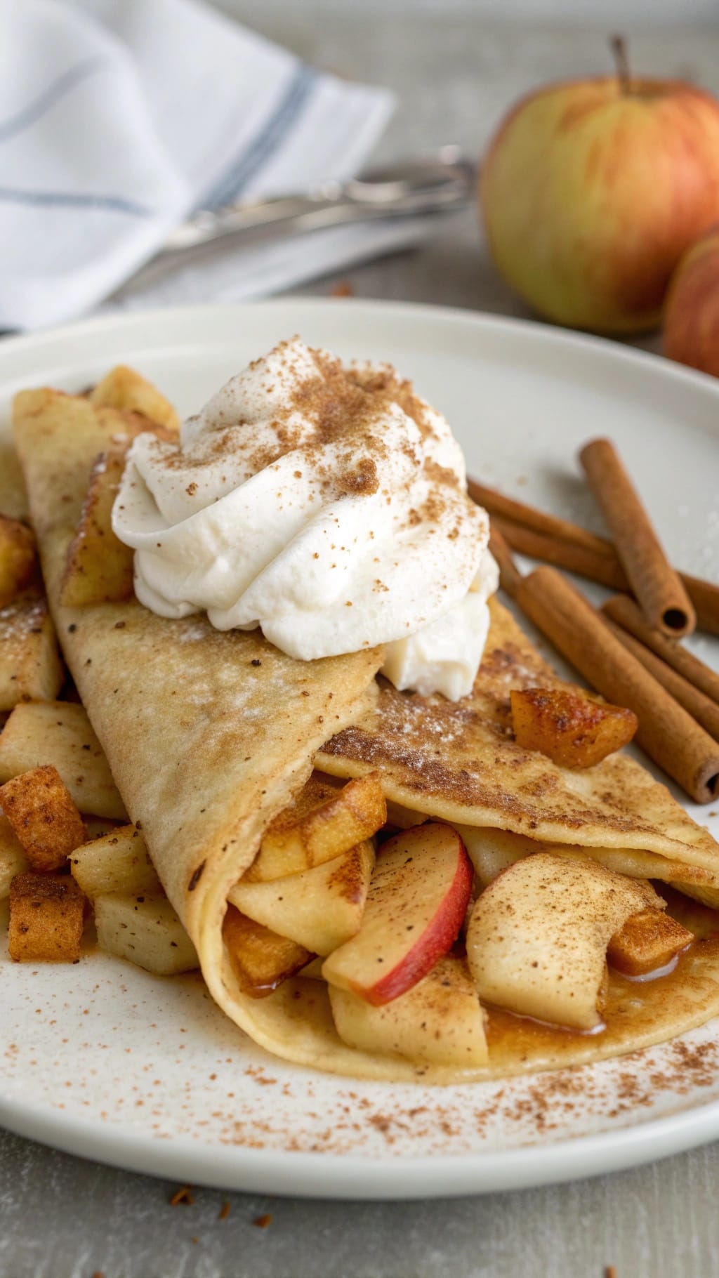 25 Delicious Christmas Breakfast Ideas for a Festive Morning 25 Delicious apple cinnamon crepes topped with whipped cream and cinnamon