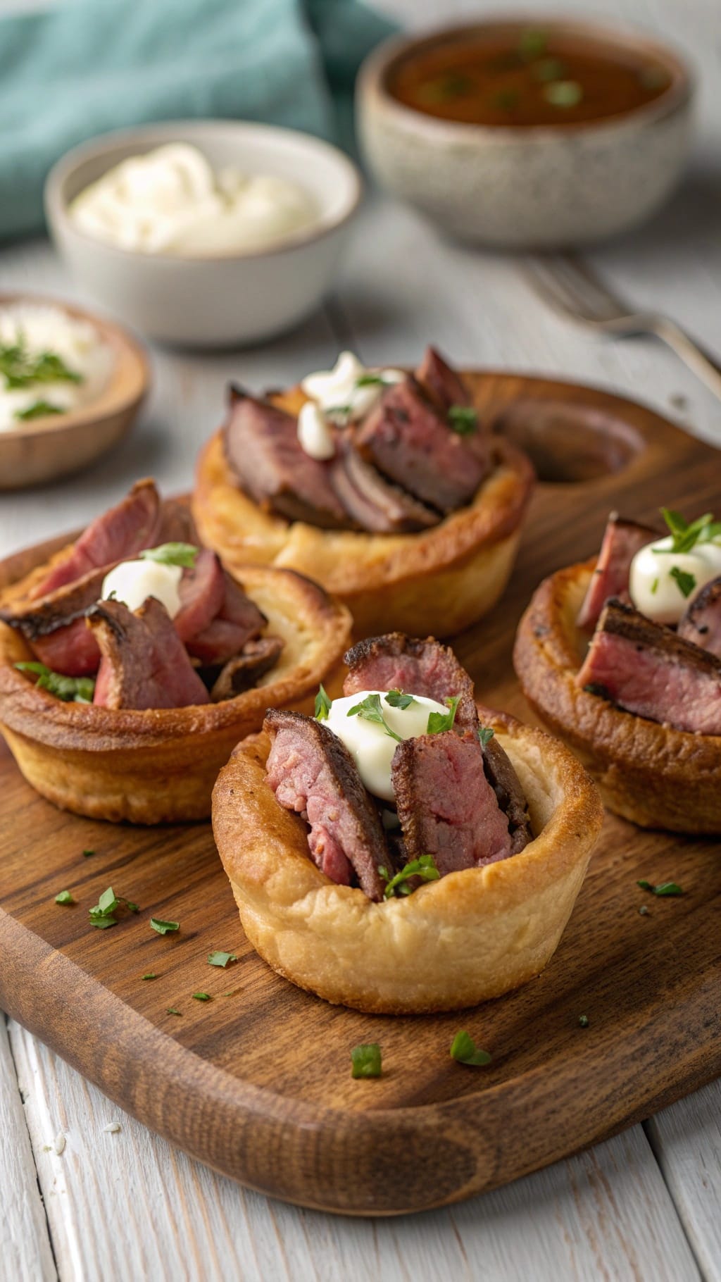 15 Fancy-Looking Christmas Party Foods That Are Secretly Easy 10 Mini Yorkshire puddings filled with roast beef and horseradish sauce on a wooden platter