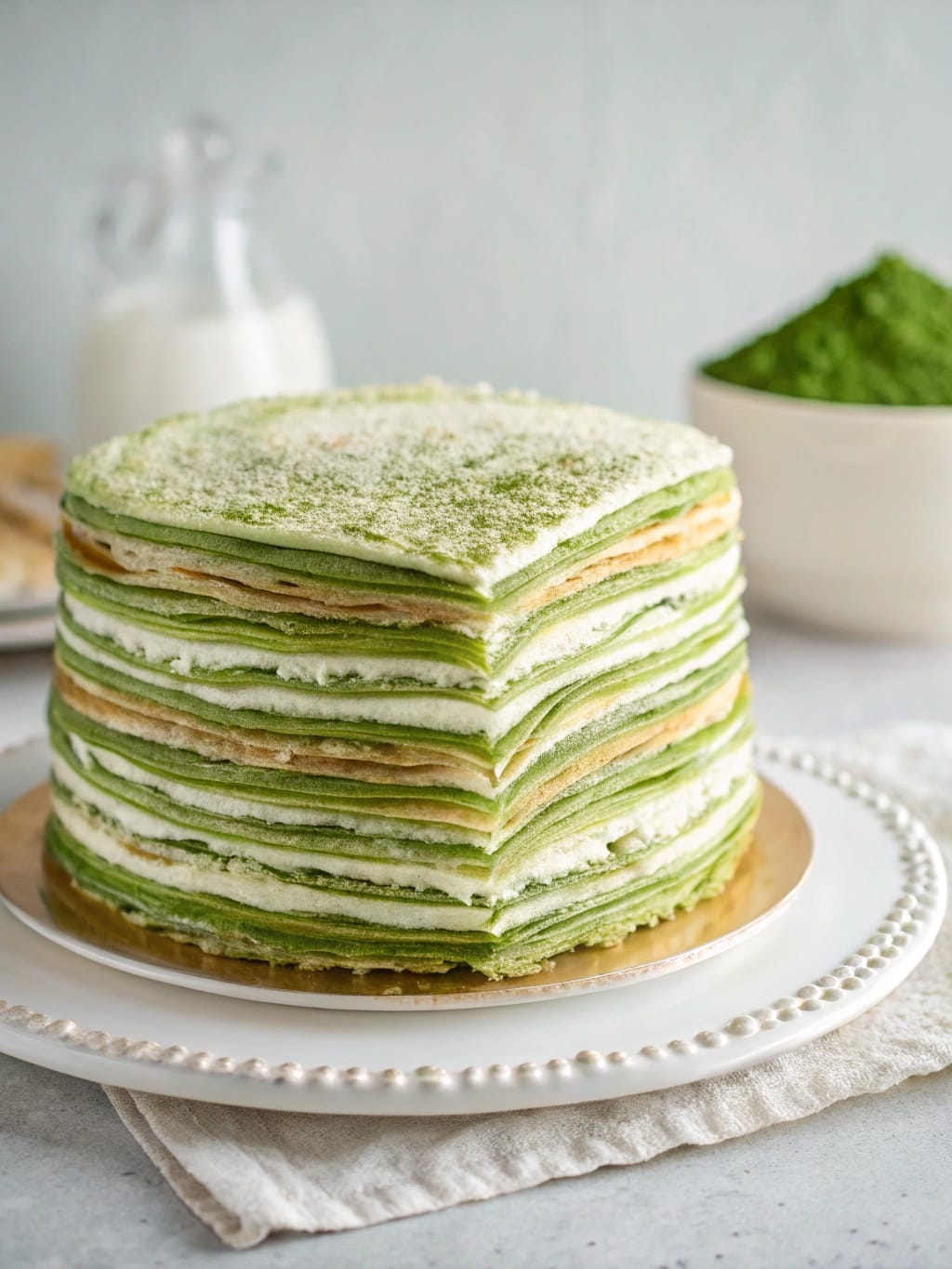 10 Fancy-Looking Desserts That Are Way Easier Than They Look 8 A beautiful Matcha Mille Crepe Cake with layers of green crepes and creamy filling.