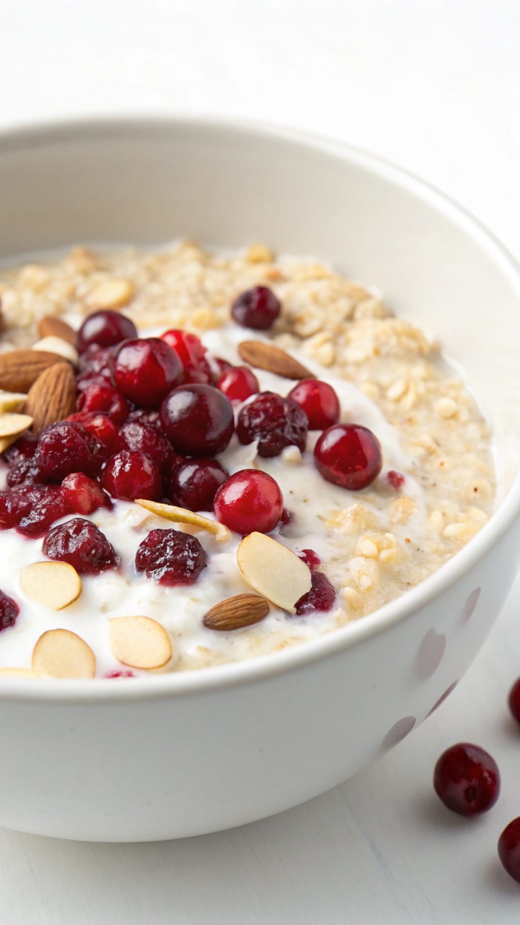 25 Delicious Christmas Breakfast Ideas for a Festive Morning 26 A bowl of cranberry almond overnight oats topped with cranberries and almonds