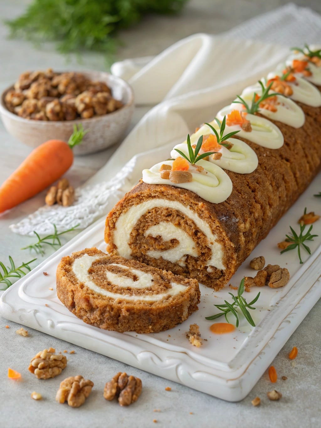 10 Fancy-Looking Desserts That Are Way Easier Than They Look 11 Carrot cake roll with cream cheese filling, garnished with nuts and carrot decorations.