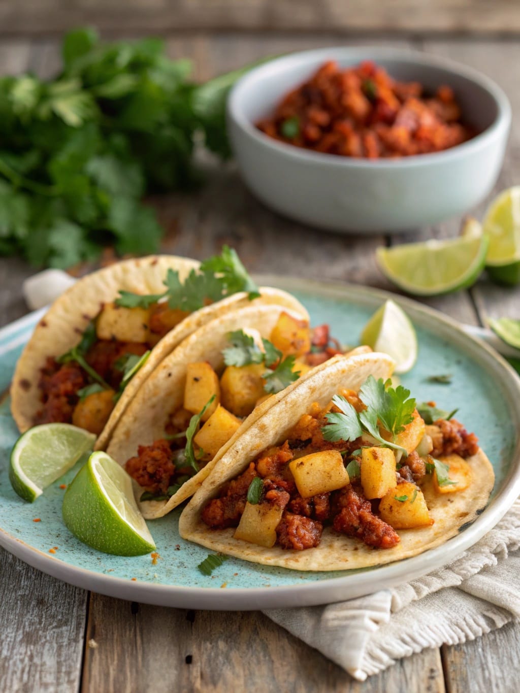 Delicious chorizo potato tacos served with lime and cilantro