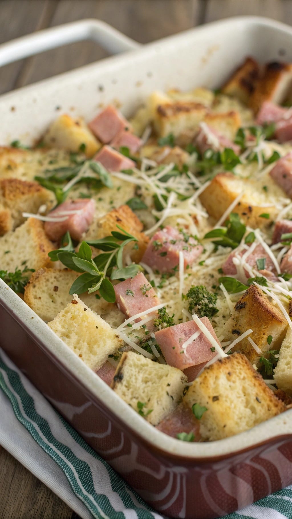25 Delicious Christmas Breakfast Ideas for a Festive Morning 17 A delicious ham and cheese breakfast strata with bread cubes, ham, and cheese baked to perfection.