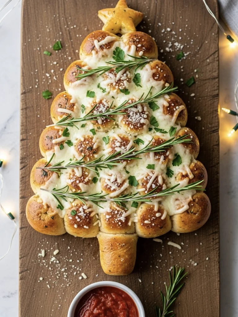 15 Fancy-Looking Christmas Party Foods That Are Secretly Easy 5 A festive Christmas Tree Pull-Apart Bread topped with herbs and cheese, served on a wooden board.