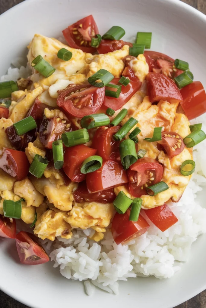 Classic Chinese tomato and egg stir-fry served over rice with scallions.