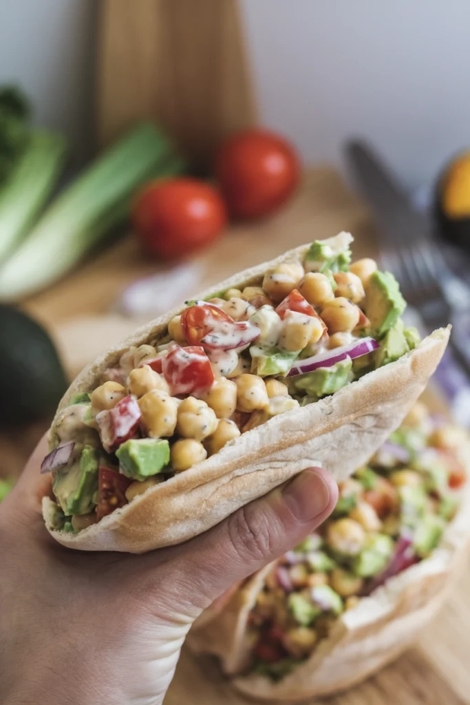 Pitas stuffed with smashed chickpeas, diced avocado and lettuce for a quick budget meal
