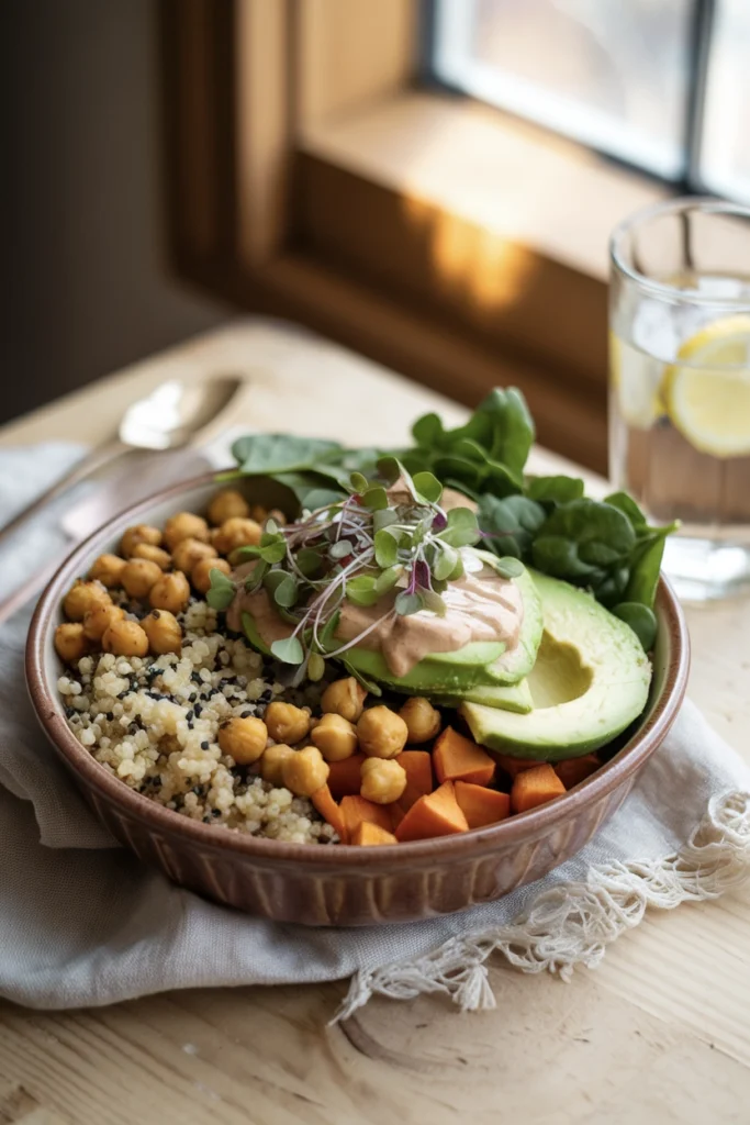 Overhead Buddha bowl with roasted sweet potatoes, chickpeas, avocado, greens and grains, budget dinner for four