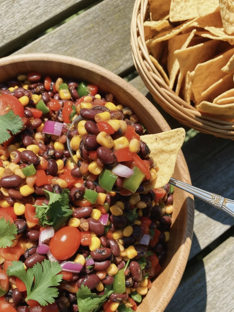 A large wooden bowl filled with vibrant Zesty Cowboy Caviar featuring black beans, corn, and peppers, served with tortilla chips