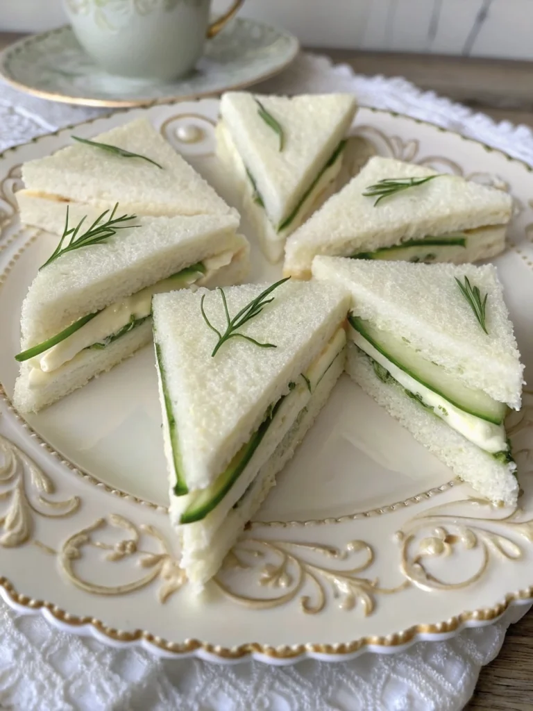 Elegant Bridgerton-Inspired Party Food That’s Surprisingly Easy 2 Cucumber sandwiches with cream cheese on a decorative plate.