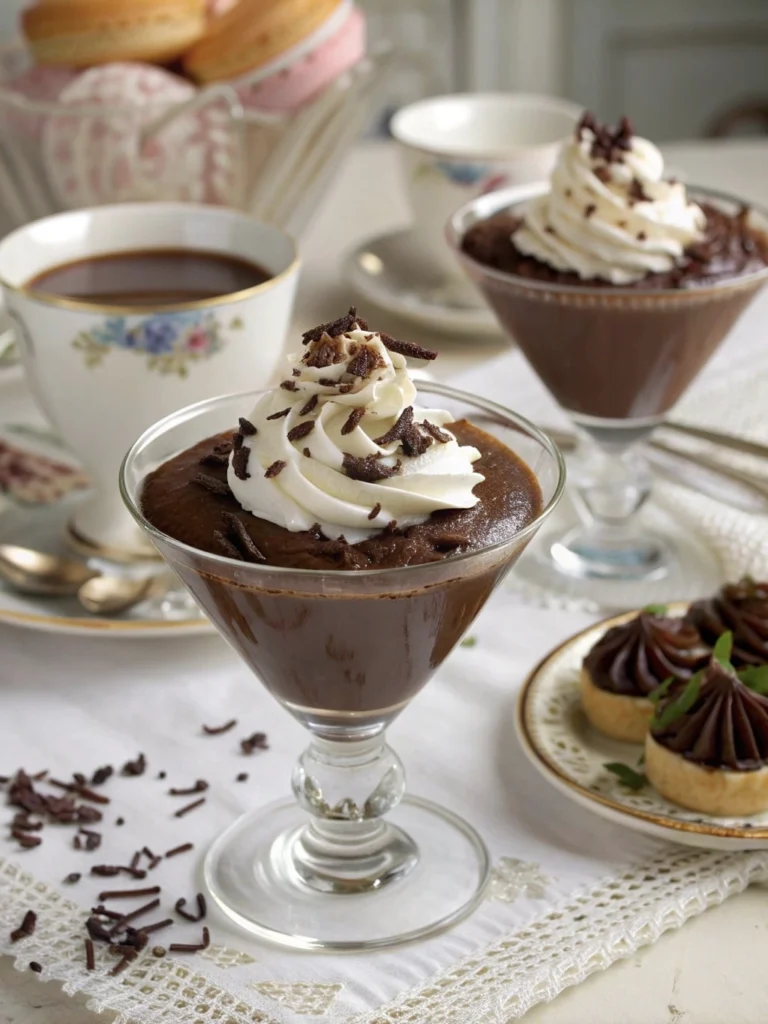 Elegant Bridgerton-Inspired Party Food That’s Surprisingly Easy 12 Chocolate mousse served in elegant glasses topped with whipped cream and chocolate shavings