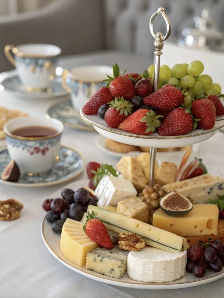 Elegant Bridgerton-Inspired Party Food That’s Surprisingly Easy 13 A lavish fruit and cheese board featuring assorted cheeses, fruits, and nuts.
