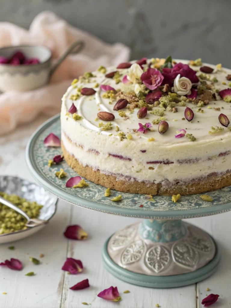 Elegant Bridgerton-Inspired Party Food That’s Surprisingly Easy 7 Pistachio and Rose Water Cake decorated with edible flowers