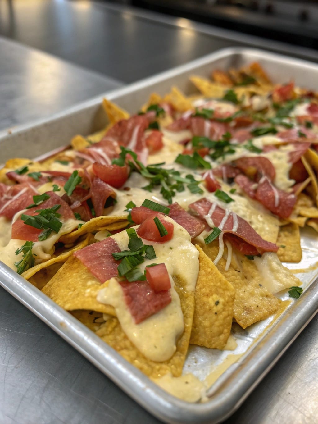 8 Romantic Date Night Recipes Perfect for a Cozy Valentine’s Evening 5 A tray of crispy charcuterie nachos topped with meats, cheese, and fresh toppings.