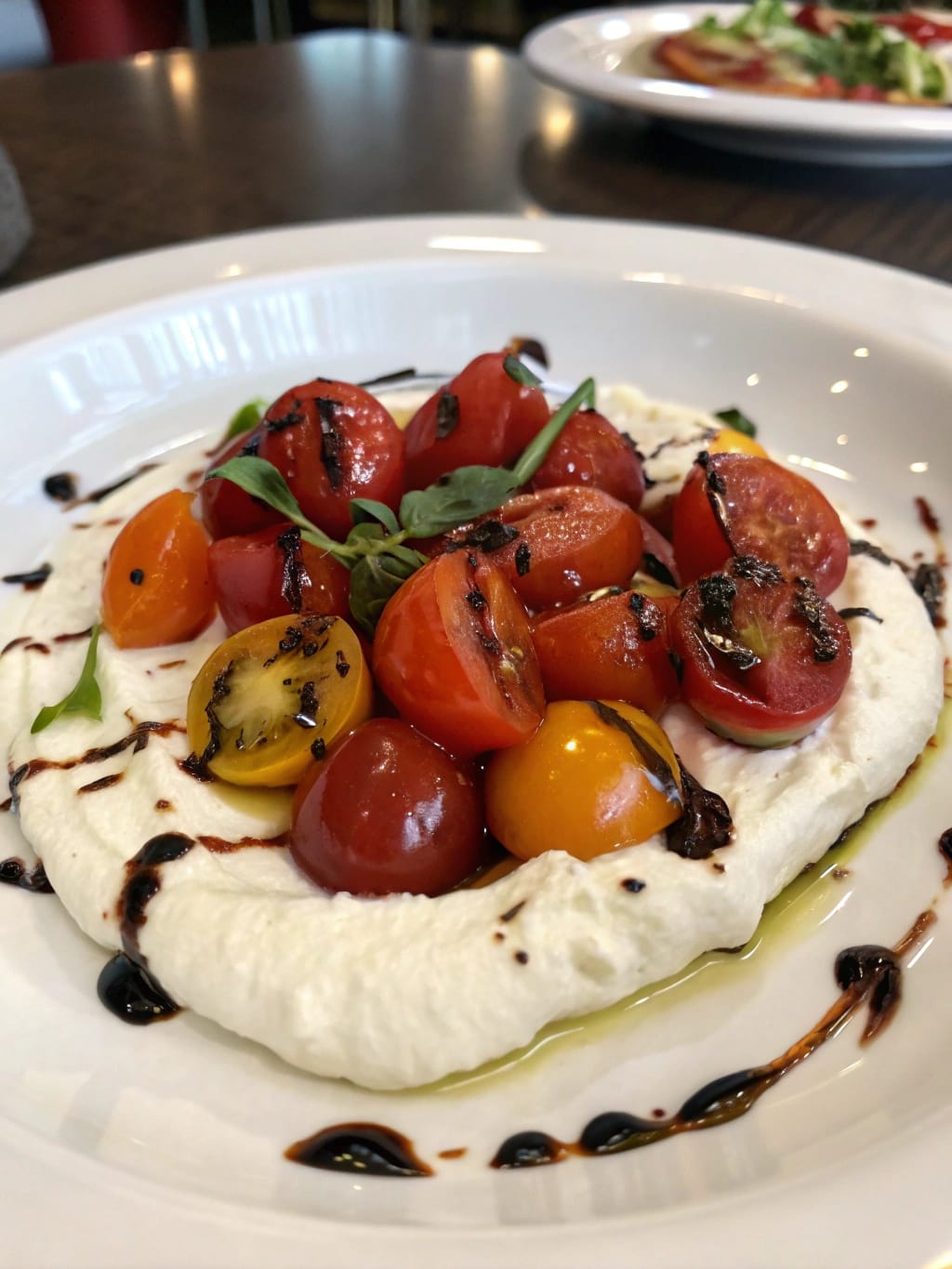 A plate of Creamy whipped feta dip topped with roasted burst cherry tomatoes and a balsamic glaze drizzle