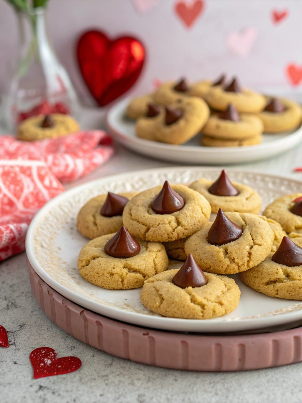 8 Romantic Date Night Recipes Perfect for a Cozy Valentine’s Evening 7 A plate of Classic Peanut Butter Blossoms cookies topped with chocolate kisses, surrounded by hearts and a festive setting.