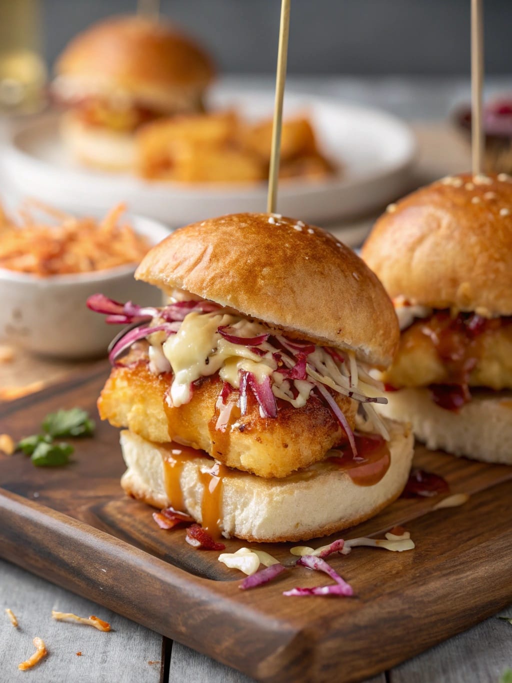 Delicious hot honey halloumi sliders with sweet chili slaw on a wooden platter.