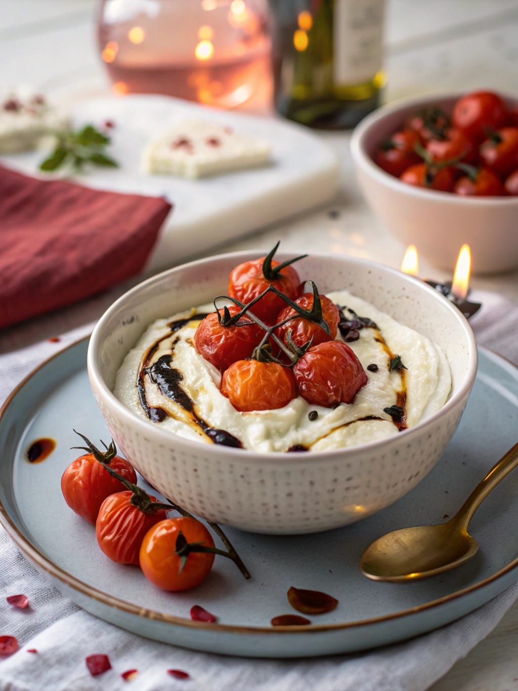 8 Romantic Date Night Recipes Perfect for a Cozy Valentine’s Evening 2 A bowl of whipped feta dip topped with burst cherry tomatoes, served with a side of fresh tomatoes and a golden spoon.