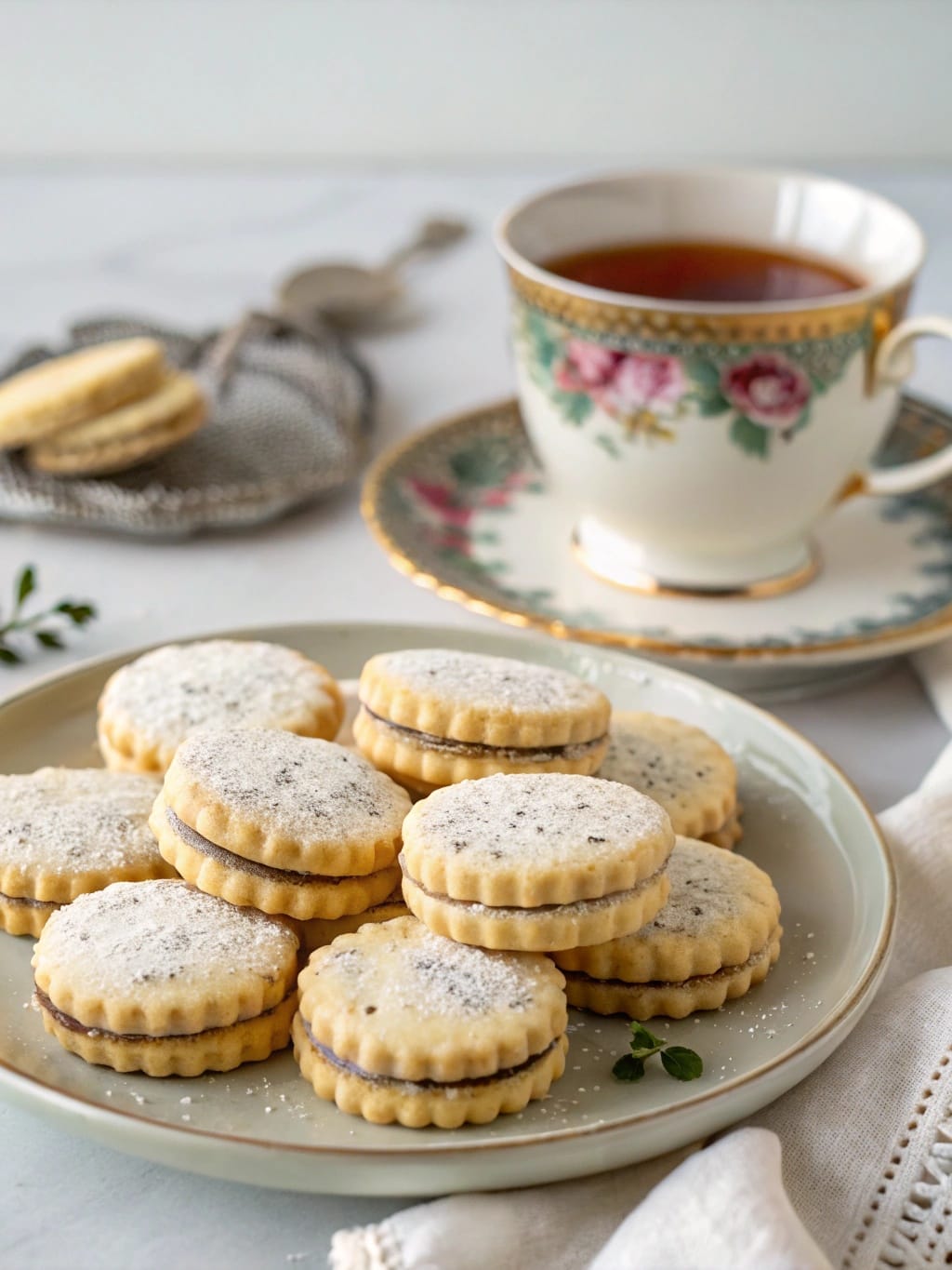 Elegant Bridgerton-Inspired Party Food That’s Surprisingly Easy 6 A plate of Earl Grey infused cookies with a cup of tea