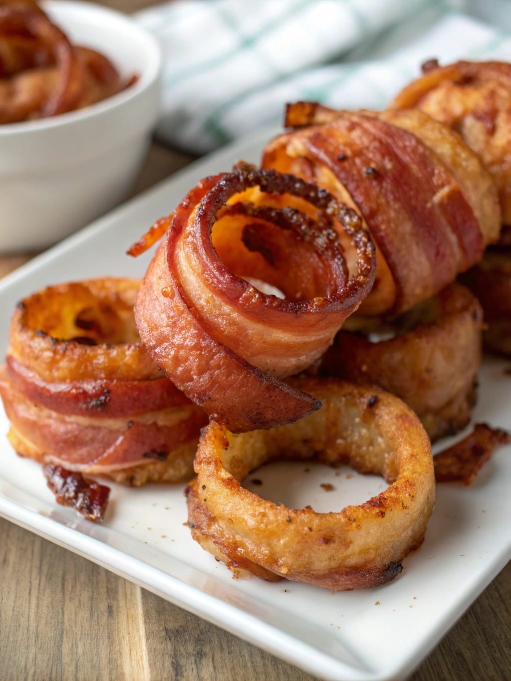 Air Fryer Bacon-Wrapped Onion Rings on a plate