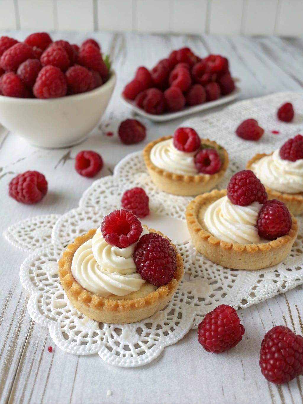 Elegant Bridgerton-Inspired Party Food That’s Surprisingly Easy 5 Delicious raspberry tartlets topped with fresh raspberries on a decorative lace doily.