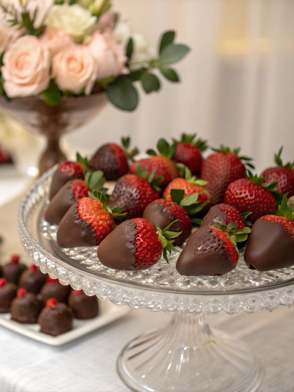Elegant Bridgerton-Inspired Party Food That’s Surprisingly Easy 10 A beautiful display of chocolate covered strawberries on a glass cake stand, surrounded by flowers.