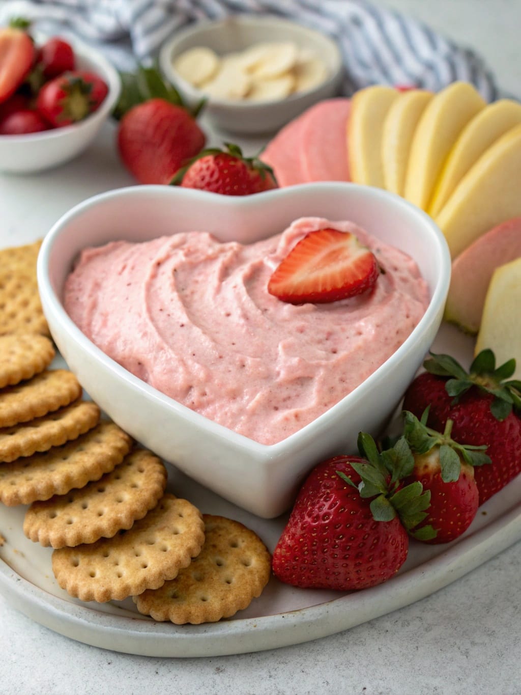 8 Romantic Date Night Recipes Perfect for a Cozy Valentine’s Evening 6 A heart-shaped bowl filled with pink strawberry cheesecake dip, surrounded by strawberries, apple slices, and crackers.