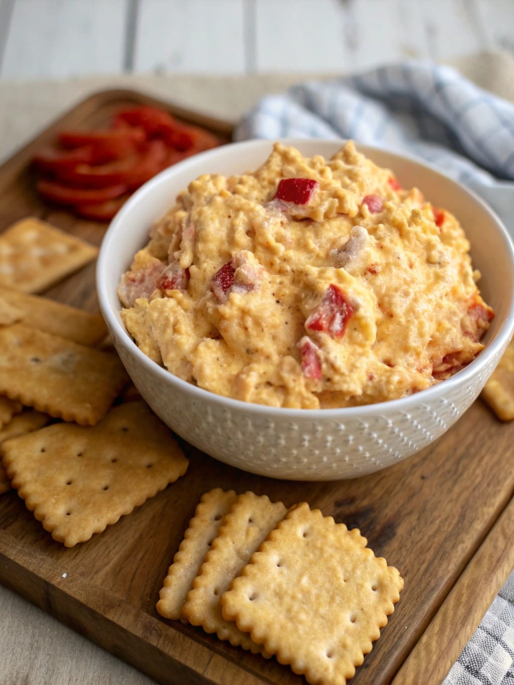 A bowl of creamy pimento cheese dip surrounded by crackers.