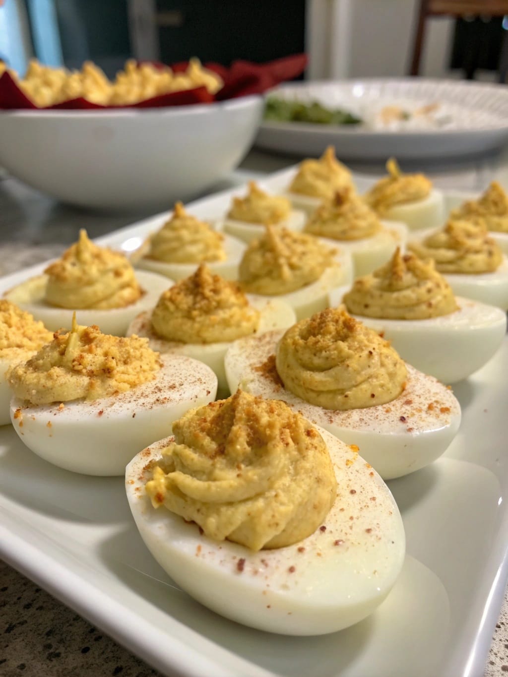 A platter of beautifully garnished deviled eggs topped with paprika and breadcrumbs.