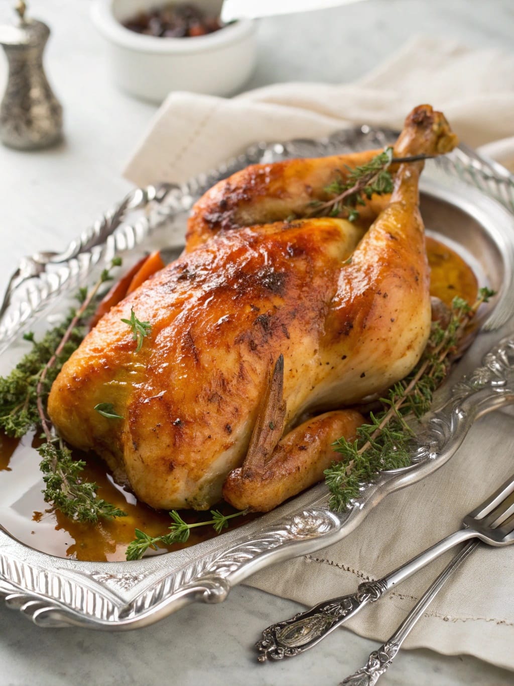 Elegant Bridgerton-Inspired Party Food That’s Surprisingly Easy 8 A beautifully roasted chicken garnished with thyme on a silver platter.