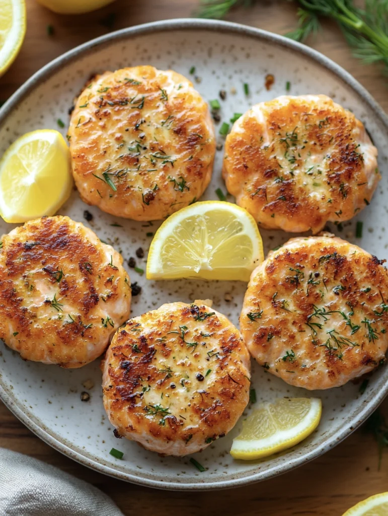 Golden crispy canned-salmon patties with lemon wedges and simple salad.